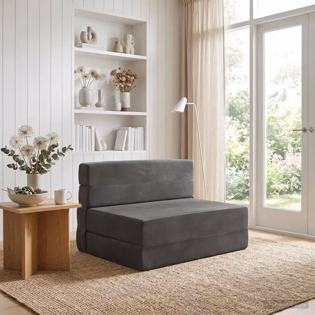 Divano letto singolo pieghevole moderno in tessuto grigio con struttura imbottita L: 100 cm, P: 80 cm, H: 60 cm – 2