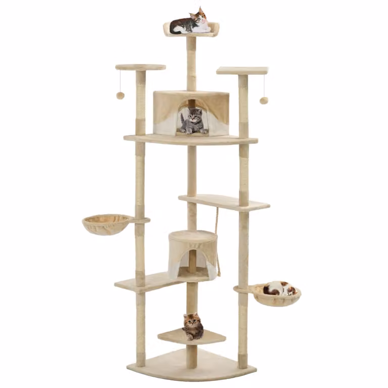 vidaXL Albero per Gatti in Sisal e Legno con Cave e Giocattoli Integrati, Altezza: 203 cm, Beige e Bianco