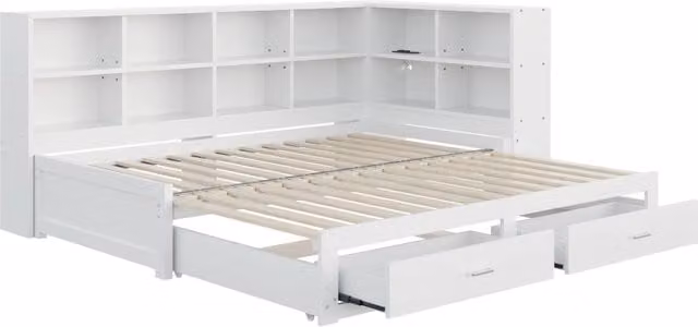 Letto singolo estraibile Chicfurn in legno bianco con contenitore, cassetti e prese USB, senza materasso, L/P/H: 90 x 190 cm o 180 x 190 cm
