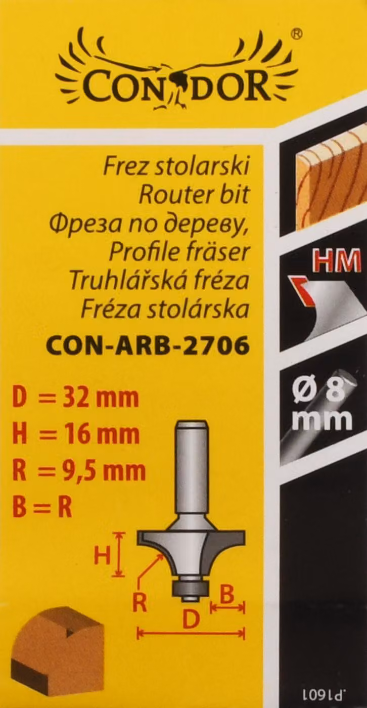 Fresatrice per legno Condor, per arrotondare fi=32 9,52 x 16mm gambo 8mm con cuscinetto