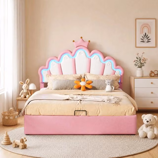 Letto imbottito princessa 140x200 cm con illuminazione LED regolabile e testiera a corona rosa