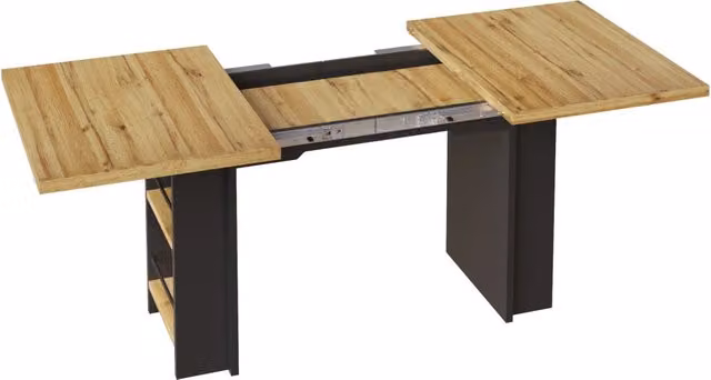 Tavolo Estensibile da Pranzo 120-160×80 cm con Scaffali, MDF, Colore Legno