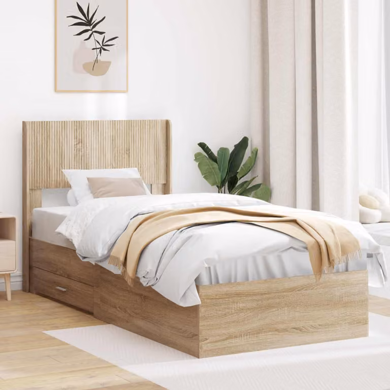 Struttura letto con stoccaggio e testata vidaXL in legno Rovere Sonoma, marrone, L: 140 cm, P: 100 cm, H: 77 cm