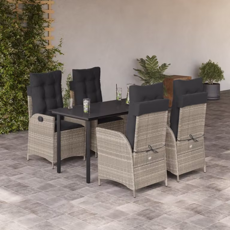 Set Pranzo da Giardino vidaXL in Polyrattan con Piano in Vetro e 5 Cuscini Grigio Chiaro