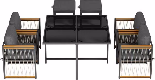 Set da Giardino Aosom Italy composto da Tavolo con Piano in Vetro Temperato e 6 Sedie con Telaio in Acciaio Verniciato a Polvere, Colore Nero
