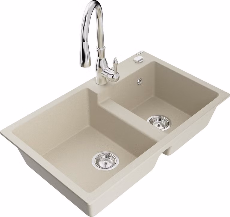Mexen Tomas lavello in granito a 2 vasche con rubinetto da cucina Savita, beige - 6516-69-672601-00