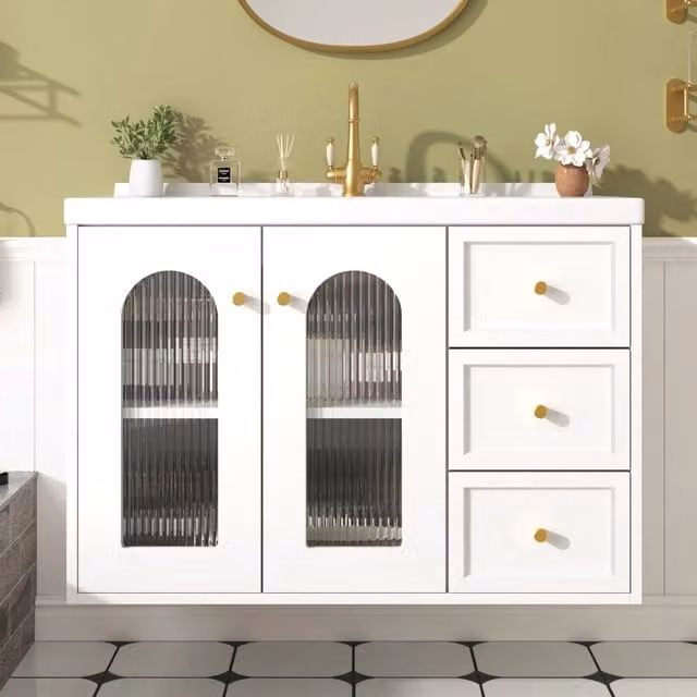 Mobile bagno sospeso WISHDOR moderno con ante in vetro e ripiani interni, bianco e oro, L: 80 cm, H: 58 cm, P: 50 cm