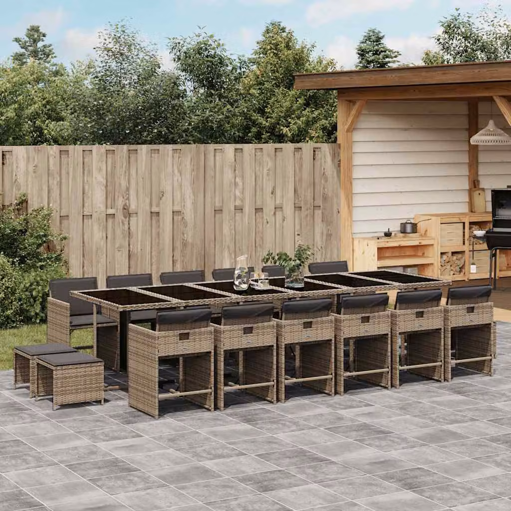 Set da pranzo da giardino vidaXL in polyrattan con cuscini grigi e piano in vetro, 17 pezzi – 1