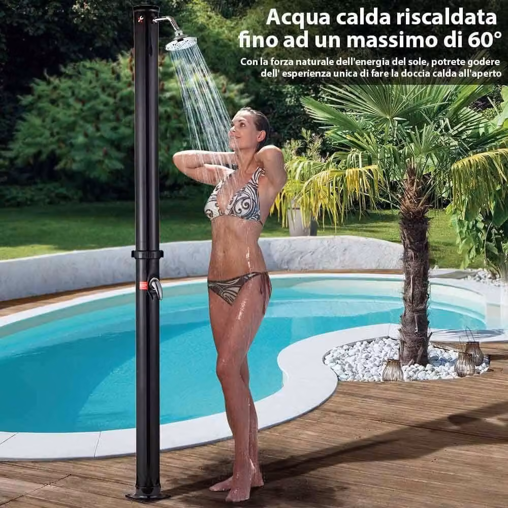 Doccia solare per giardino, piscina, uso esterno, campeggio, capacità 20 litri, con soffione regolabile, miscelatore per acqua calda e attacco per il giardino. Dimensioni: 22