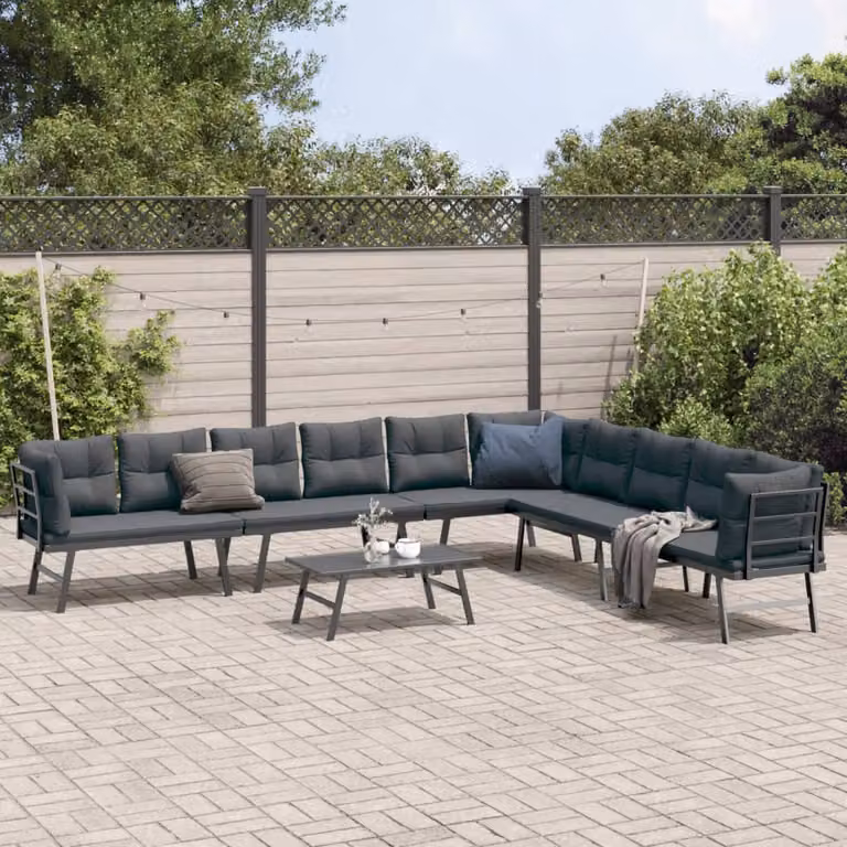Set di panche da giardino con 5 cuscini vidaXL in acciaio verniciato nero e antracite