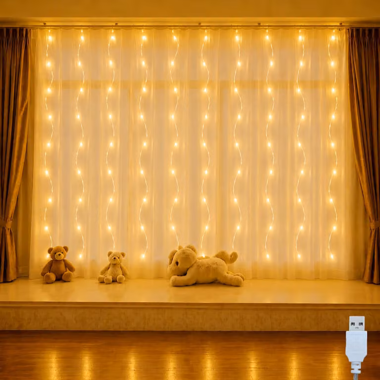 Tenda luminosa, dimensioni 2x1 metro, 100 LED, alimentazione USB, luce calda, con ganci
