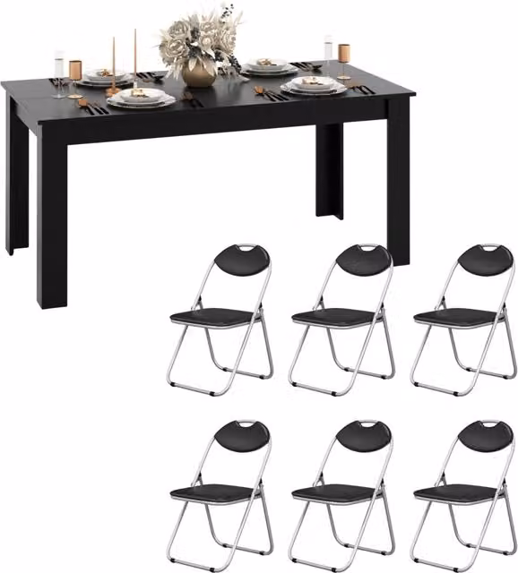 Tavolo da pranzo rettangolare e set sedie pieghevoli da interno 6 pezzi, Tavolo moderno sala da pranzo e sedie in metallo con piedini antiscivolo