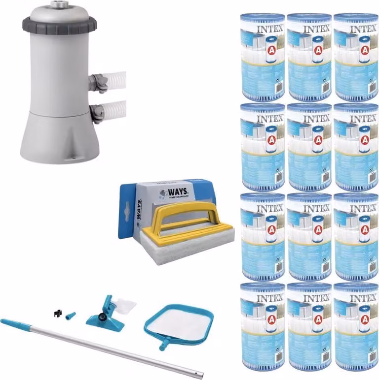 WAYS - Cura della piscina - Set di manutenzione e pompa filtro 2271 L/u & 12 filtri tipo A & spazzola WAYS