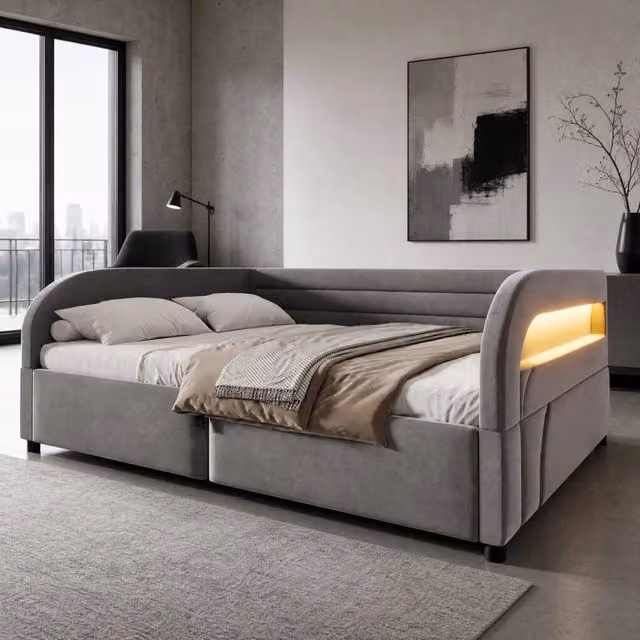 Letto imbottito MODFU con contenitore a sollevamento e illuminazione LED, grigio, L/P: 140 x 200 cm