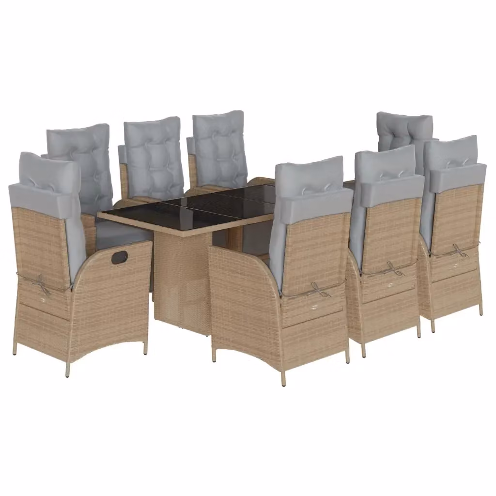 Set Pranzo da Giardino vidaXL in Polyrattan con Cuscini Beige e Grigio, 9 Pezzi – 2