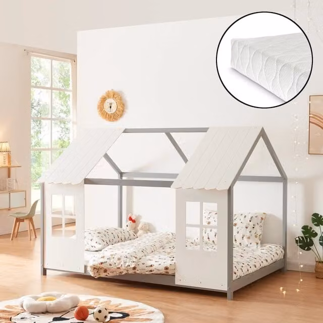 Letto Tostedt en.casa per cameretta a forma di casetta in legno di pino con materasso in schiuma, Grigio/Bianco, L/P/H: 200 x 140 x 147 cm