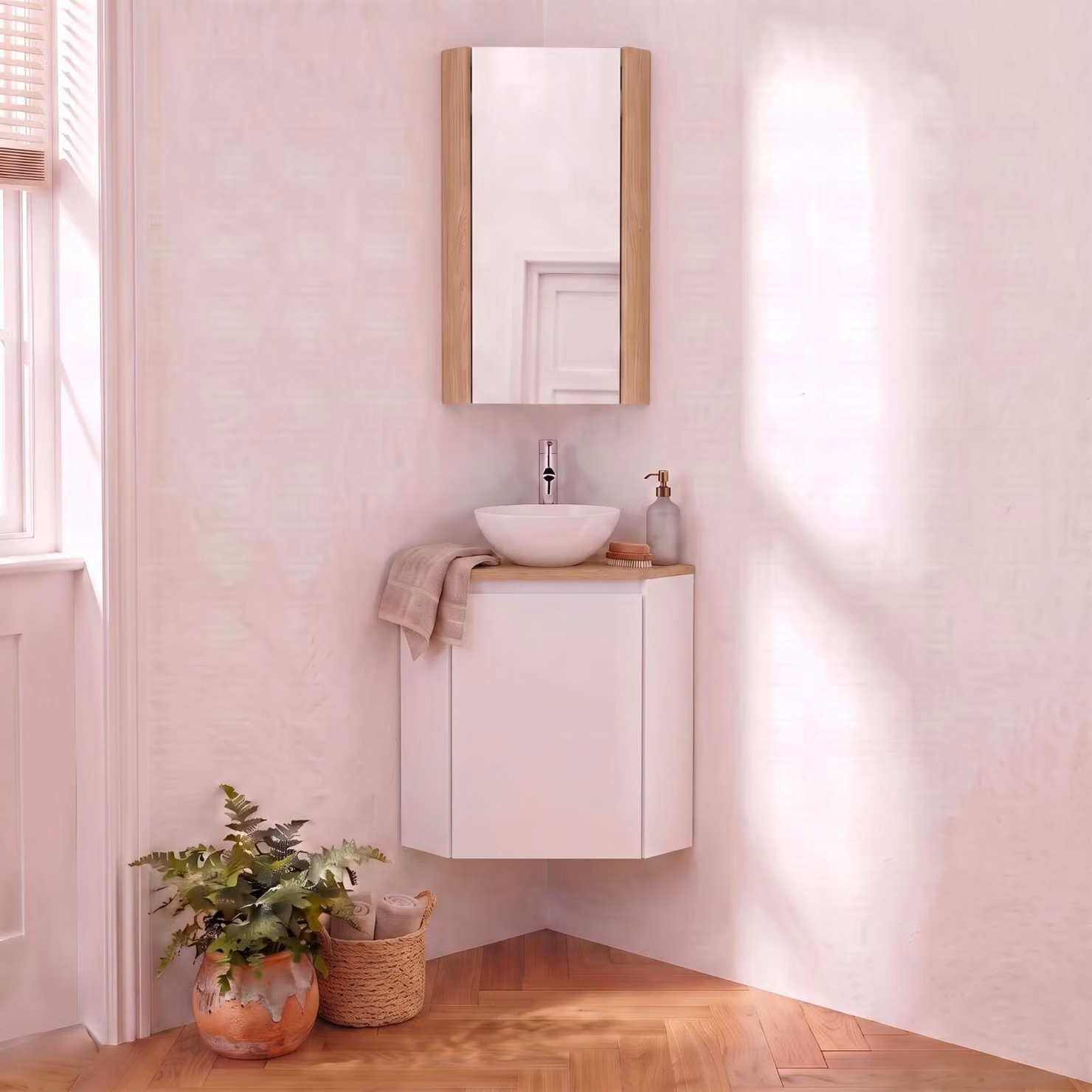 Set lavamani ad angolo con lavabo, rubinetto e pensile da bagno SORRENTO