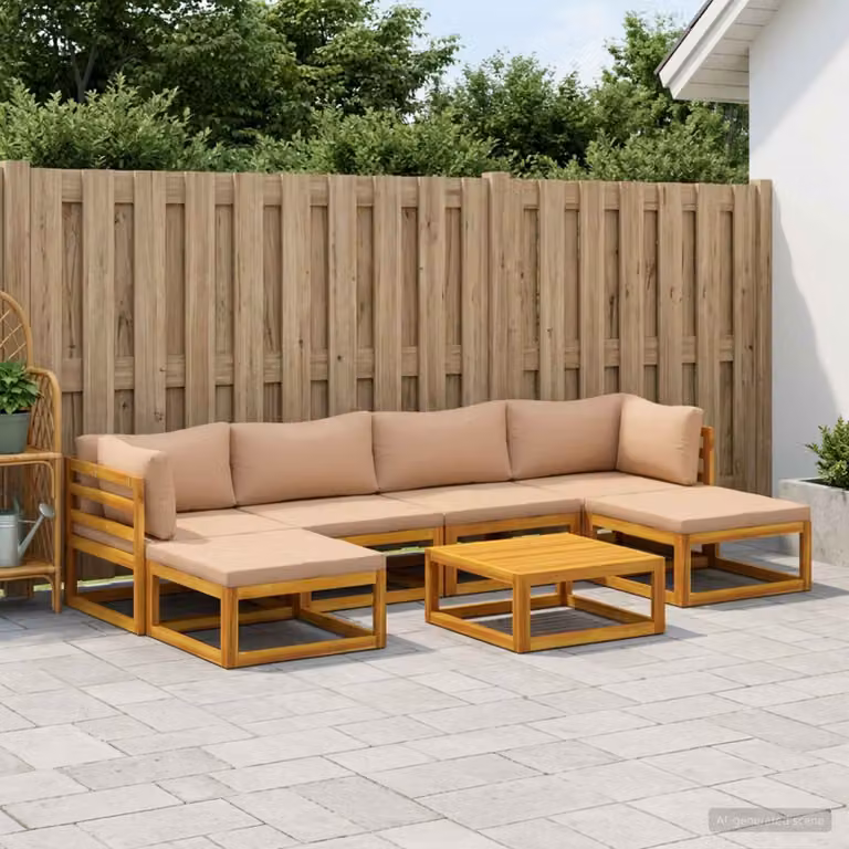 Set di divani da giardino vidaXL in legno di acacia massello con cuscini beige e tavolo da esterno, 7 pezzi