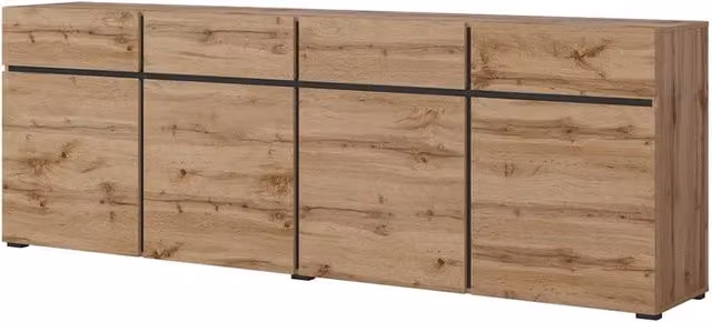 Buffet XL coloris chêne et noir 225cm collection HAVANA. Credenza design con 4 porte e 4 cassetti.