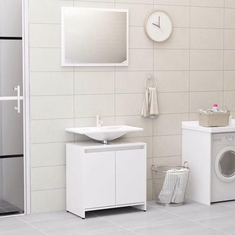 Set Mobili da Bagno Moderno vidaXL Bianco Lucido in MDF con Armadietto a Specchio e Mobile Lavabo L/P/H: 60 x 33 x 61 cm