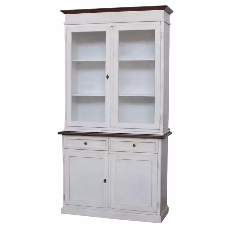 Cristalliera Shabby Chic Mobili 2G in Legno di Pino con Ante in Vetro, Bianco e Noce, L: 105 cm, P: 42 cm, H: 205 cm
