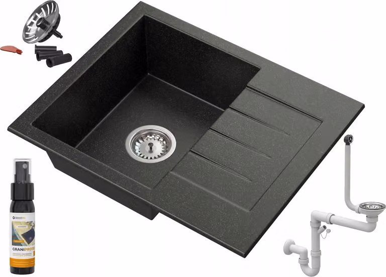 Granitan - Lavello in granito - Lavandino 57,4x46,4 cm - Lavello cucina nero - con sifone - MILANO