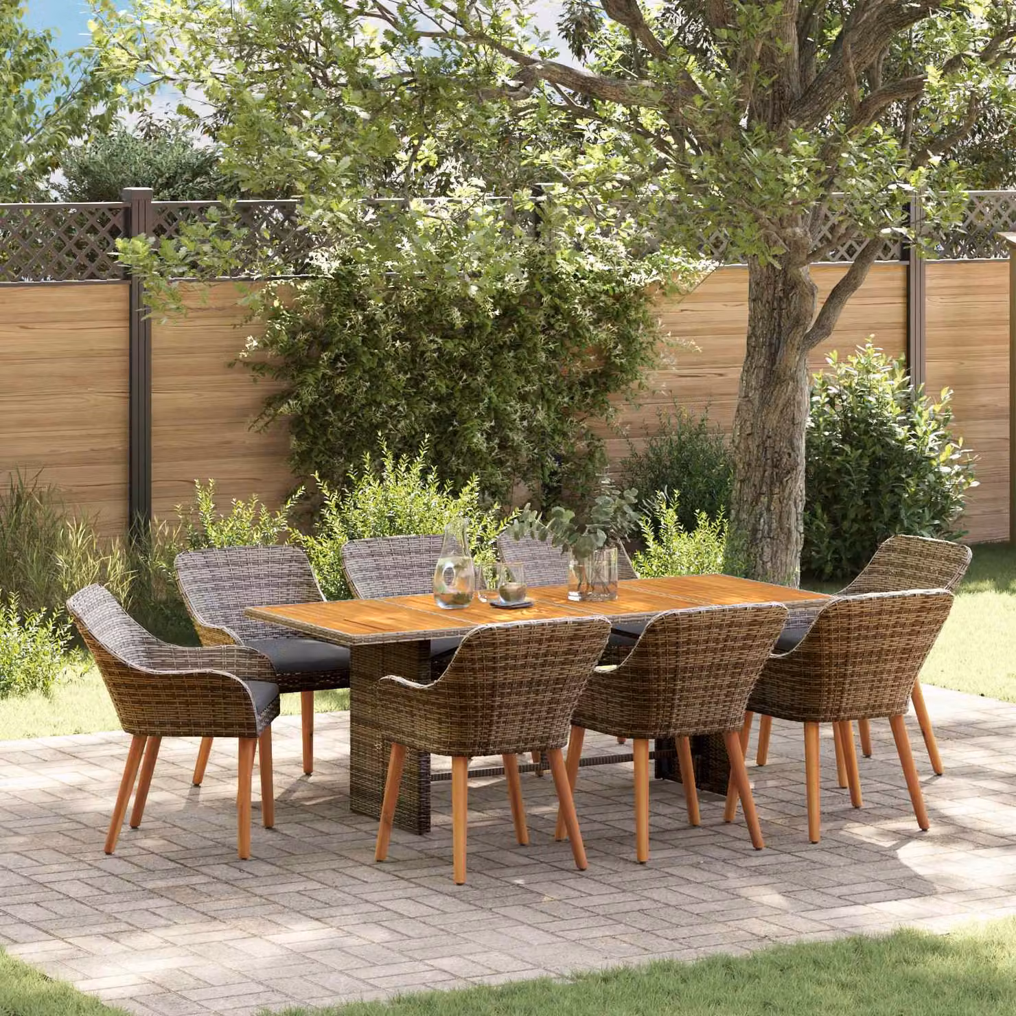 Set da pranzo per giardino e terrazza vidaXL in polyrattan grigio, 9 pezzi – 1