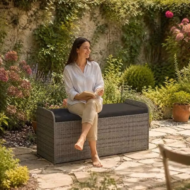 Storage Bench With Cushion, Grey, 115x51x52 Cm, Poly Rattan
