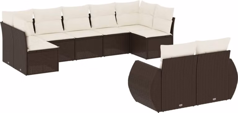 Set Divani da Giardino 9pz con Cuscini Marrone in Polyrattan