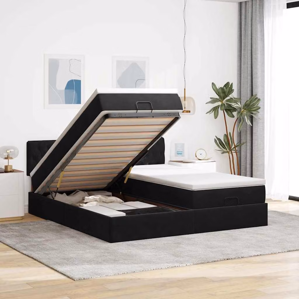 Struttura Letto con Contenitore a Sollevamento vidaXL in Velluto Nero con Luci Sotto il Letto e Porte USB L/P/H: 180 x 200 x 203 cm – 1