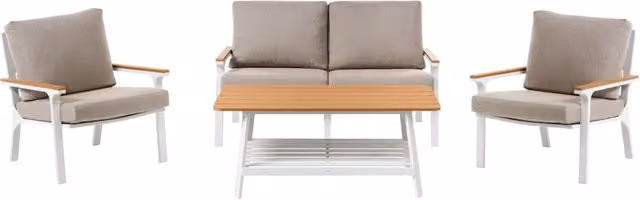 Set divano lounge a L Beliani in alluminio con tavolino e cuscini per esterno in stile moderno