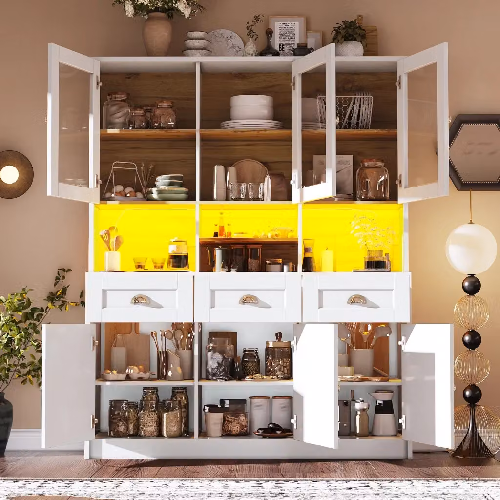 Colonna cucina moderna WISHDOR in MDF bianco lucido con ante a battente, 3 cassetti interni, ripiani regolabili e illuminazione integrata L/P/H: 140 x 40 x 175 cm – 2
