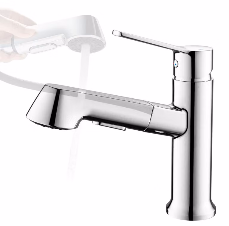 Miscelatore per lavabo con doccetta estraibile, 2 getti, finitura cromata
