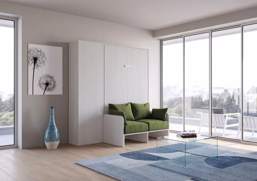 Letto a scomparsa una piazza e mezzo Kentaro con divano e colonna Giordanoshop, Bianco Frassino e Verde – 2