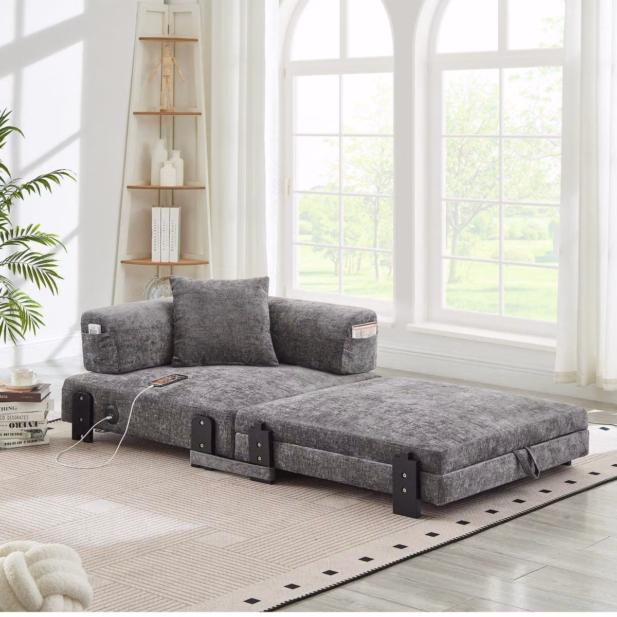 Divano letto 2 in 1, pieghevole con funzione letto, porta USB di tipo C, spazio contenitore, braccioli. Divano letto per piccoli spazi, camere per gli ospiti, stile loft. Colori: beige, grigio scuro