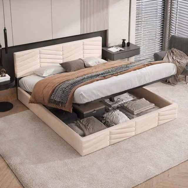 Letto matrimoniale imbottito con contenitore, meccanismo idraulico, velluto beige, testiera regolabile 180x200 cm