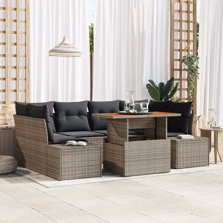 Set Divano da Giardino vidaXL 7 Pezzi Grigio con Cuscini e Tavolino in Rattan e Metallo