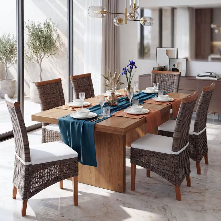 set di 6 sedie da sala da pranzo Savona, sedia da cucina, rattan ~ con cuscino di seduta