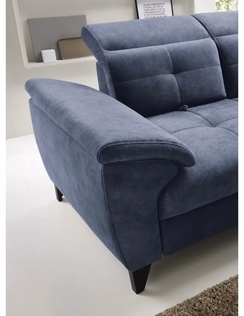 Divano ad angolo moderno MEUBLORAMA blu con funzione letto, poggiatesta regolabile e pouf coordinato, lato destro L/P/H: 297 x 210 x 107 cm – 2