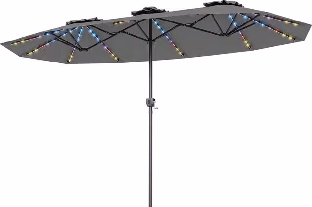 Ombrellone doppio da giardino con luci regolabili manovella, Ombrellone ampio doppio protezione solare resistente Grigio