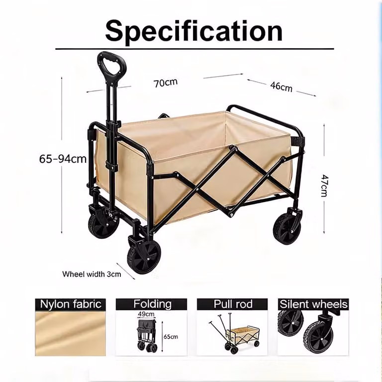 Carrello da giardino pieghevole - Carrello manuale - 4 ruote - Capacità di carico da 80 a 150 kg - Ruote da 12,7 cm - Ideale per campeggio, spiaggia, giardino e spesa - Colore kaki