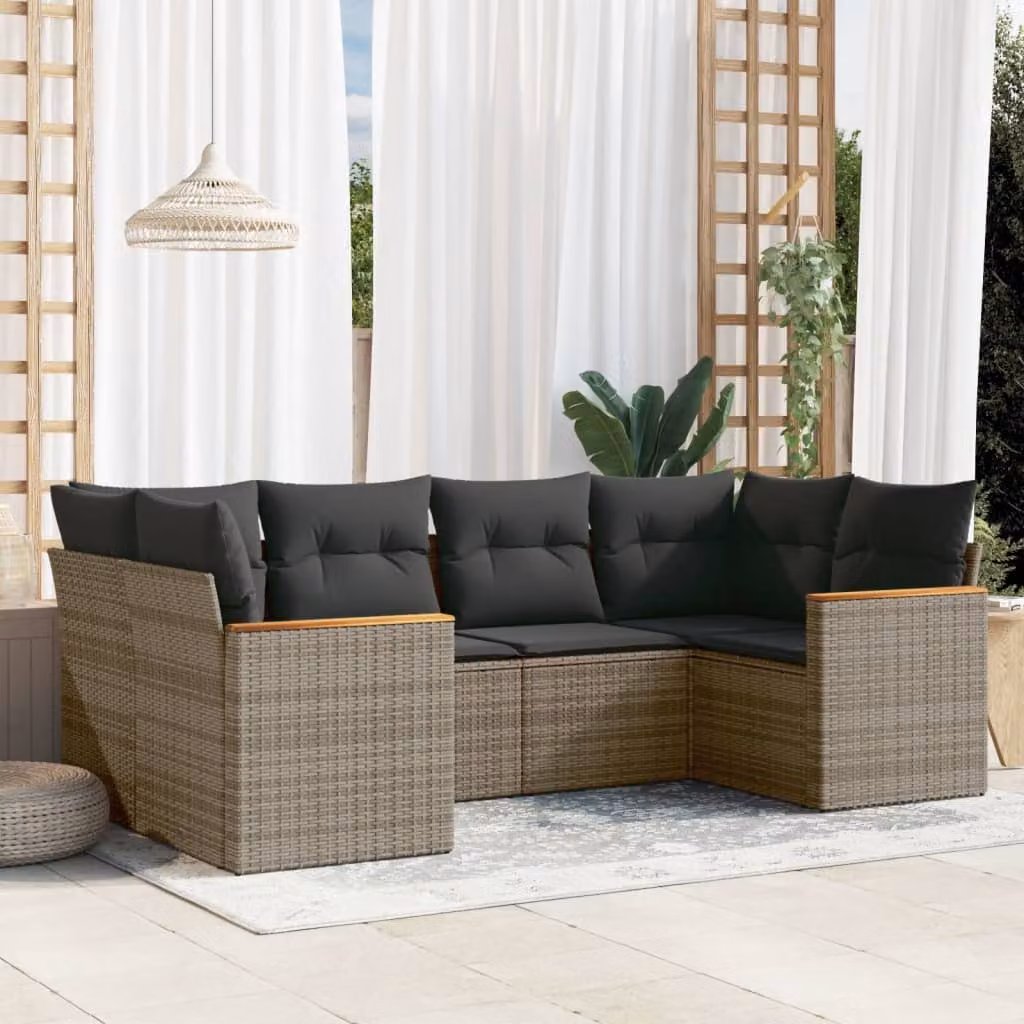 vidaXL Set Divano da Giardino a L in Polyrattan Grigio con Cuscini Imbottiti e Coperture Rimovibili – 1