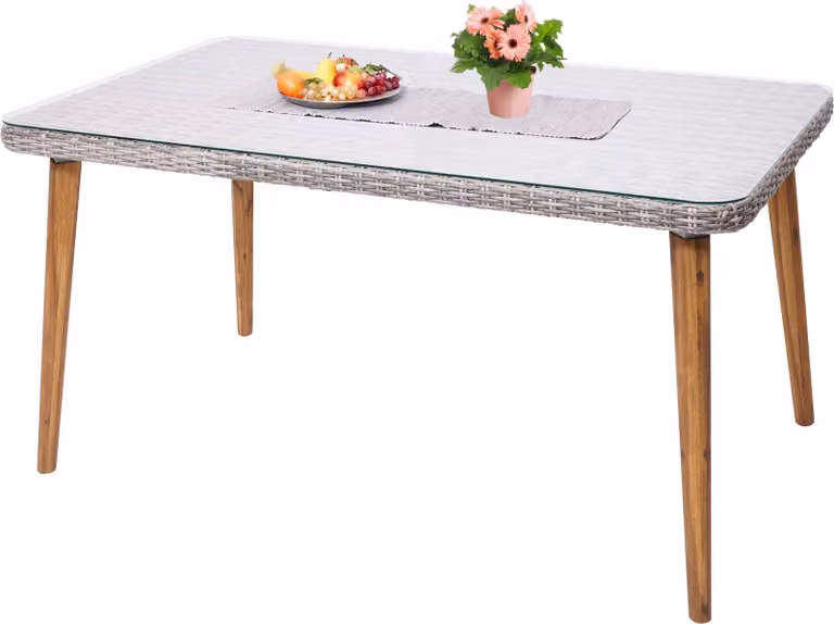 Tavolo da pranzo in polyrattan MCW-H65, tavolo da giardino/da salotto, acciaio + acacia, semicircolare, polyrattan MVG 150x90 cm ~ grigio