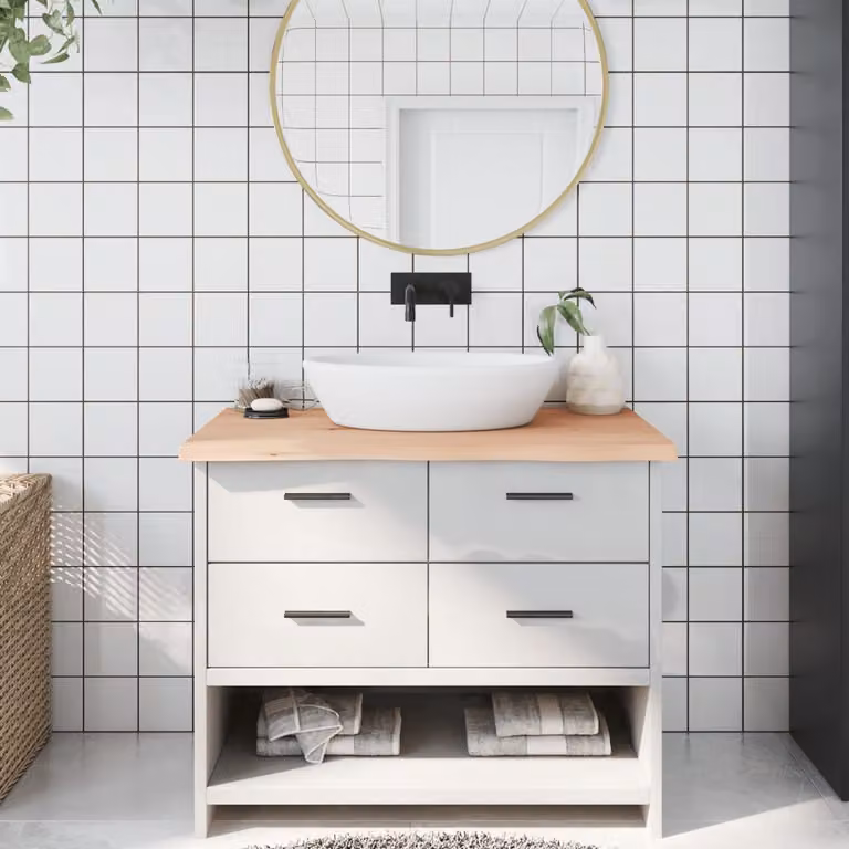 Piano Bagno vidaXL in Legno Massello Non Trattato e Pietra Naturale, L: 100 cm, P: 60 cm, H: 2-4 cm