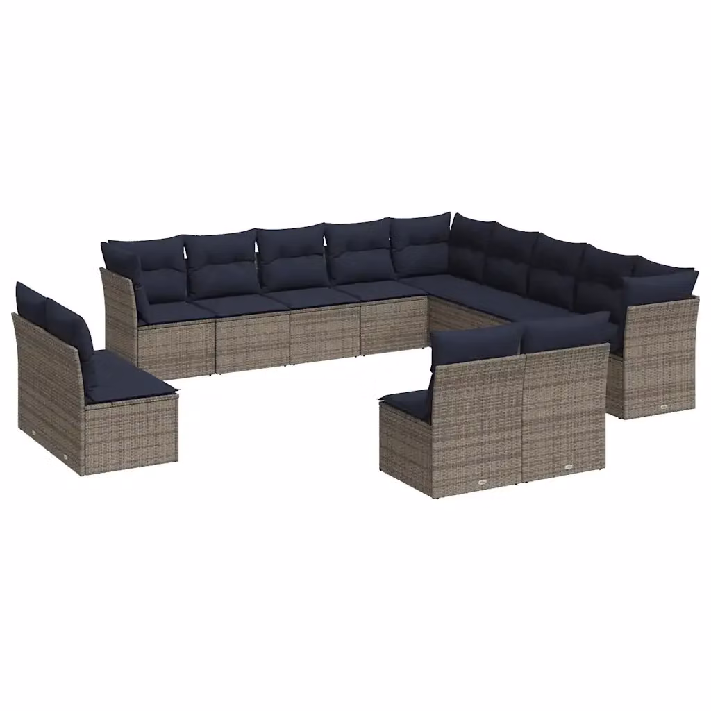 Set di divani da giardino a forma di U vidaXL in rattan con cuscini blu e grigi e struttura in acciaio verniciato a polvere – 2