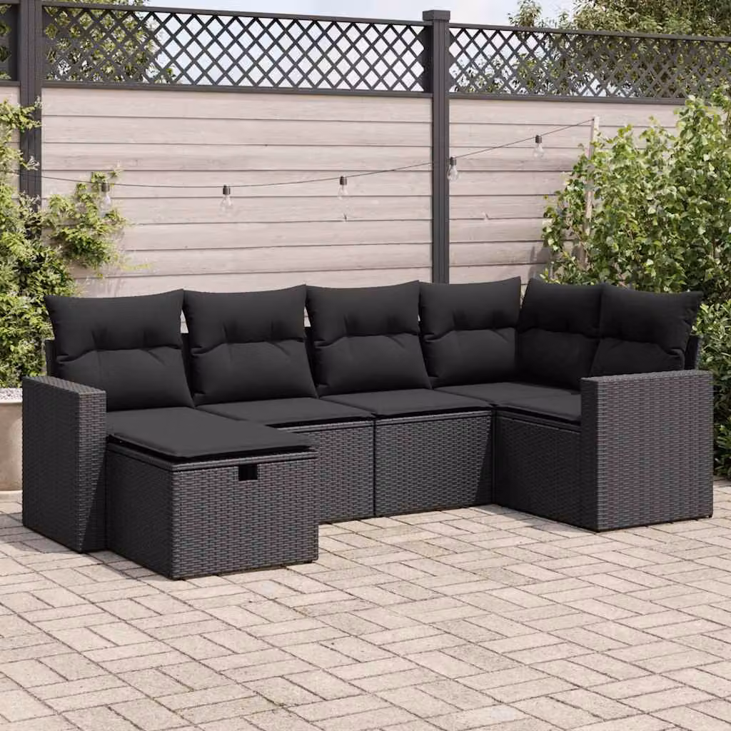 Set Divano da Giardino a L vidaXL in Polyrattan Nero con 6 Pezzi e Cuscini Inclusi