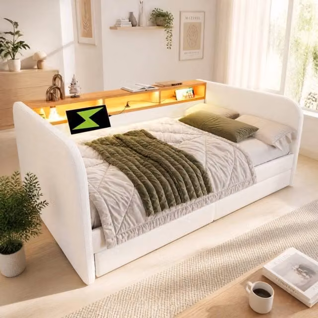 Letto imbottito 140x190 cm con LED, USB-C, 2 cassetti e testiera contenitore beige