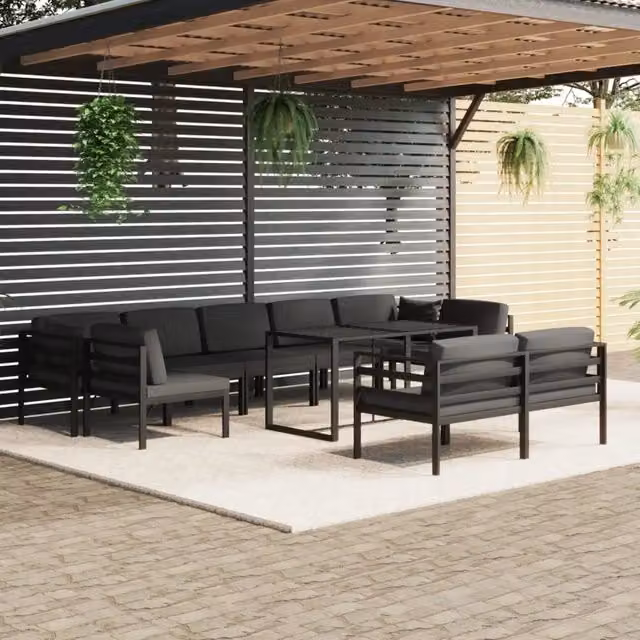 Set da giardino moderno vidaXL composto da 10 pezzi con divani a L, tavolino da caffè e cuscini in tessuto, struttura in alluminio antracite verniciato a polvere