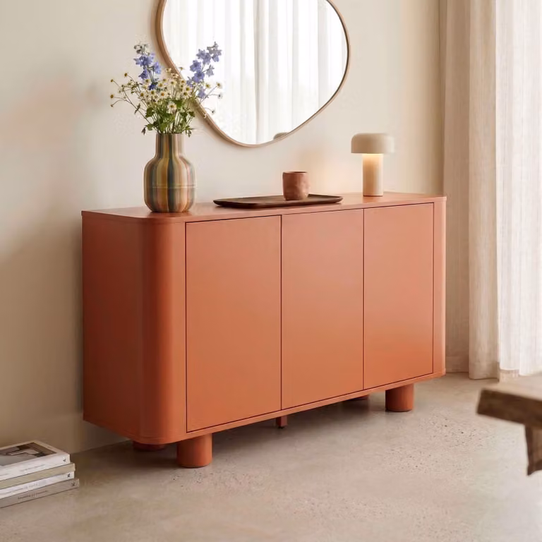 Credenza moderna rettangolare a 3 ante, larga 120 cm, arancione - Oviala Dario