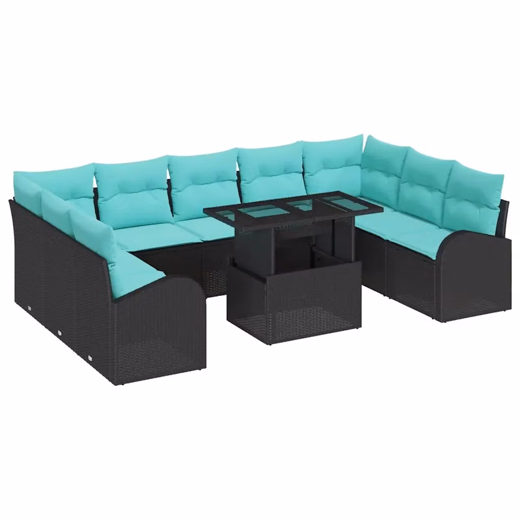Set Divano da Giardino a Forma di U vidaXL con 10 Pezzi, Colore Nero e Turchese, in Rattan e Metallo con Cuscini Inclusi – 2